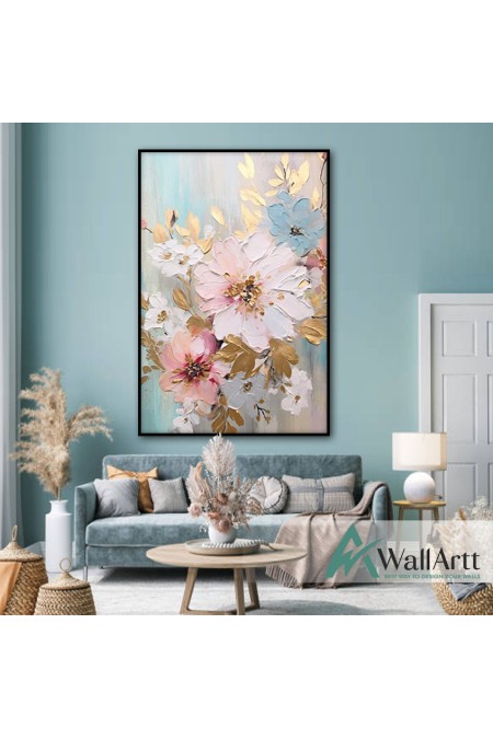 Flower with Gold Leaves 3d Heavy Textured Partial Oil Painting